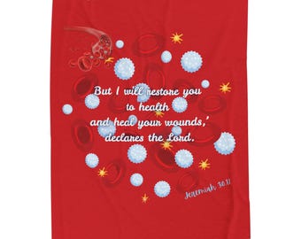 Hospital Red Plush Blanket with Healing Bible Verse Jeremiah 30:17 Scripture, Faith based Blood Biology Design for Healing, Get well Gift