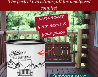 Personalized Enamel Camp Cup, Miller's First Christmas Ohio 2026, Mountain Design Gift,
