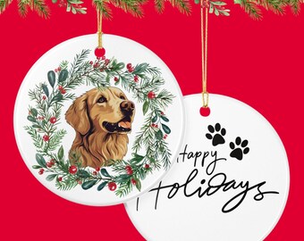 Golden Retriever Christmas Wreath Ornament, Personalized Ceramic Ornament, Pet lover gift, Dog lover,  Personalized Christmas present,