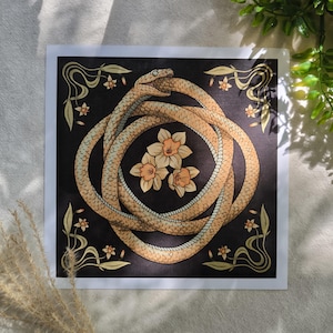 Peut inclure: Une impression d'art carrée représentant un serpent beige enroulé en forme d'ouroboros sur un fond noir. Le serpent entoure trois jonquilles orange pâle. Les coins de l'impression sont décorés de vignes florales dorées et de petites fleurs.