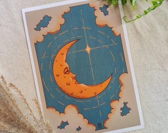 Celestial Moon Art Print, Canvas Textured Wall Decor, Original Whimsical Illustration, Vintage Whimsigoth Poster
