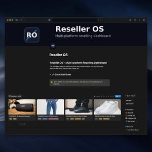 以下が含まれることがあります： マルチプラットフォーム転売ダッシュボードである「Reseller OS」のコンピューター画面。 インターフェースはダークテーマで、ロゴ、ナビゲーションオプション、製品リストの例が表示されます。 テキスト「Reseller OS」がはっきりと表示されています。