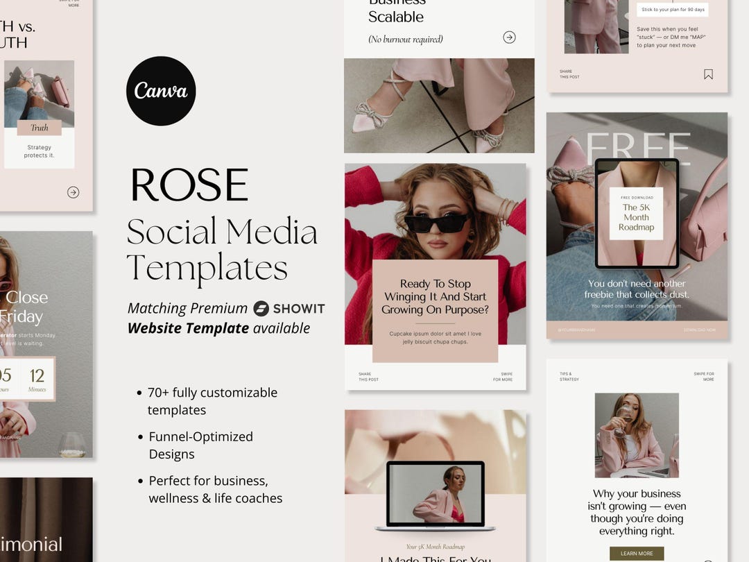 ROSE Canva Graphics, Canva Editable Social Media Templates Bundle for ...