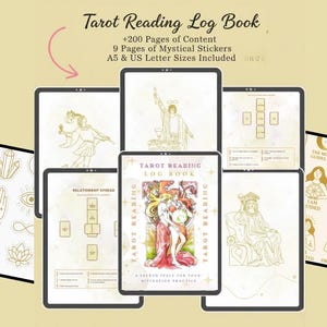 May include: A display of tarot reading log books and mystical stickers. The log books feature illustrations and text, including the title "Tarot Reading Log Book" and details about content and sizes. The stickers have various mystical symbols.