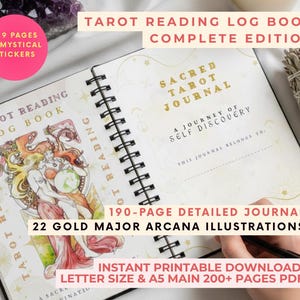 Tarot Bundle Printable, 200+ Pages Reading Log, Gold Major Arcana Art, 9 Mystical Sticker Sheets, Tarot journal Spreads, A5 & US Letter
