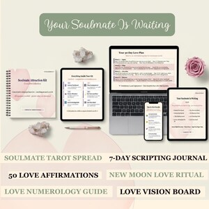 Kit para atraer a tu alma gemela: Sistema de manifestación del amor de 30 días - Tarot, diario de escritura, numerología, ritual de luna nueva, afirmaciones y 6 herramientas