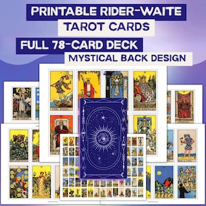May include: A collection of Rider-Waite tarot cards with a mystical back design. The image shows a full 78-card deck, with individual cards featuring colorful illustrations and the text "PRINTABLE RIDER-WAITE TAROT CARDS".