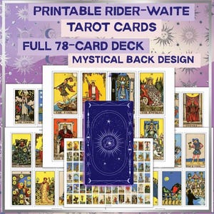 May include: Printable Rider-Waite tarot cards with a full 78-card deck and mystical back design. The image shows various tarot card illustrations, including The Fool and The Empress, with a dark blue card back.