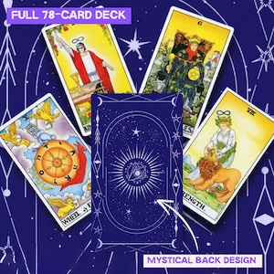 May include: A tarot card deck with a mystical back design. The image shows several cards with colorful illustrations and the text "FULL 78-CARD DECK". The back of the deck is dark blue with a white celestial design.