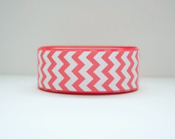 Strawberry Red Chevron Print 7/8in Grosgrain Ribbon - 1yd