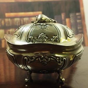 Puede incluir: Un recipiente plateado de estilo antiguo con tapa, detalles ornamentados y patas pequeñas. El recipiente tiene forma redondeada con motivos florales y de volutas decorativas. La tapa está rematada con un pequeño insecto estilizado.