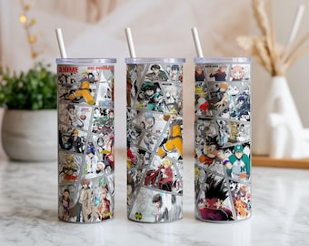 Anime Heroes Collage Tumbler Wrap PNG, 20oz Skinny Tumbler, Manga Action Character Sublimation Design