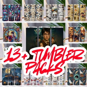 May include: A collection of 13+ tumbler packs featuring various designs. The tumblers showcase themes like the Addams Family, Harry Potter, and other decorative patterns. The tumblers are cylindrical and have a silver rim.