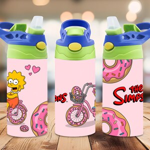 May include: A light pink water bottle featuring The Simpsons graphics, including Lisa Simpson riding a bicycle, pink frosted donuts with sprinkles, and the show logo. The bottle has a blue and lime green lid with a flip-up straw and carry handle.