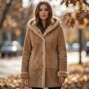Cappotto con cappuccio in pelle scamosciata da donna fatto a mano – Giacca in montone stile Y2K Penny Lane