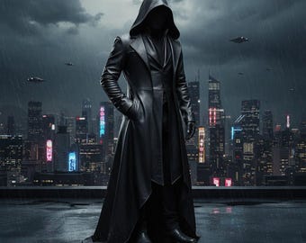 May include: A long, black leather hooded coat with a tailored fit. The coat features a high collar and a flowing skirt, with the person wearing the coat standing on a rooftop overlooking a city skyline. The background includes a dark, stormy sky and futuristic aircraft.