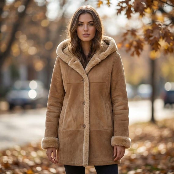 Handmade Women's Suede Leather Hooded Coat – Y2K Penny Lane Style Shearling Jacket