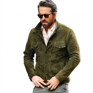 Men's Olive Green Suede Leather Jacket | Celebrity Style Casual Outerwear