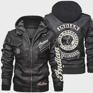 Sudadera con capucha de cuero para motocicleta india hecha a mano: chaqueta de motociclista negra desgastada