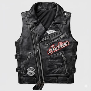 Puede incluir: Chaleco de moto de cuero negro con múltiples cremalleras, bolsillos y cuello con muescas. Presenta la palabra "Indian" en escritura roja y blanca, junto con un parche con el logotipo de Indian Motorcycle. Incluye correas laterales ajustables y un panel trasero de malla.