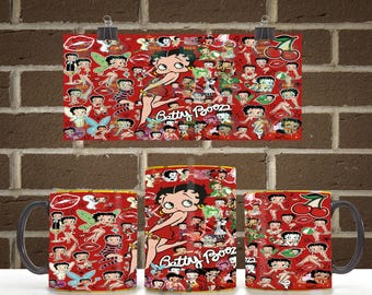 Retro Pin Up Cartoon Girl 11oz 15oz Mug Wrap PNG | Red Love Collage Coffee Mug Sublimation Design | Digital Download