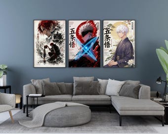 Anime Wall Art Set of 3 | Japanese Manga  Satoru Gojo Jujutsu Kaisen & Shanks One Piece Posters | Digital Download