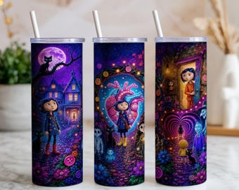 Coraline 20oz Skinny Tumbler Wrap PNG, Button Eye Girl Other World Gothic Cat Fantasy Sublimation Design, Digital Download