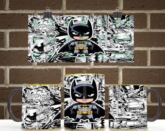Cute Dark Knight Cartoon 11oz 15oz Mug Wrap PNG | Black White Comic Coffee Mug Sublimation Design | Digital Download