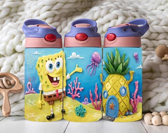 Yellow Sea Sponge 20oz Skinny Tumbler Wrap PNG, Pineapple House Underwater Cartoon 3D Embossed Sublimation Design, Digital Download