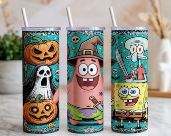 SpongeBob Halloween 20oz Tumbler Wrap PNG, Patrick Witch Squidward Ghost Spooky Sublimation Design, Digital Download.