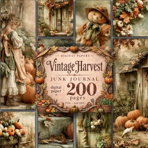 Peut inclure: Une collection de papiers numériques intitulée Vintage Harvest Junk Journal comprenant 200 pages d'images sur le thème de l'automne, incluant un enfant en robe, un épouvantail, des citrouilles, des bâtiments rustiques et du feuillage automnal.
