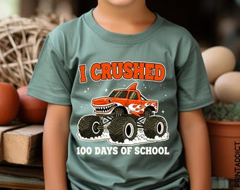 I Crushed 100 Days of School PNG | Monster Truck Shark Design | 100th Day of School PNG | Kids School Shirt Sublimation | Instant Download