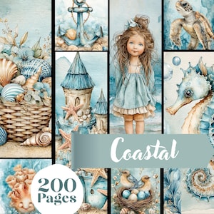 May include: A collage of watercolor illustrations with a coastal theme. The images include seashells, an anchor, a young girl, a seahorse, a turtle, and a basket. The text "Coastal" and "200 Pages" are also present.