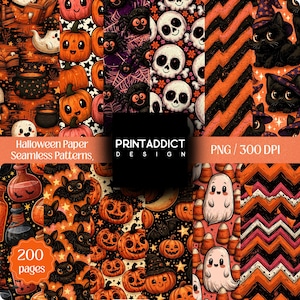 Peut inclure: Une collection de motifs numériques sans couture pour Halloween avec des citrouilles, crânes, araignées, chauves-souris, fantômes et chats noirs. Les designs incluent des palettes orange, noir et violet avec des chevrons et des bonbons. Texte : PRINTADDICT DESIGN.