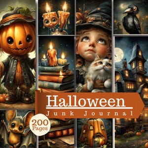 Diario de Halloween con 200 páginas, lindos elementos decorativos espeluznantes, kit de álbum de recortes vintage de otoño (descarga digital)