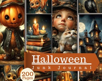 Halloween Junk Journal 200 Pages Cute Spooky Ephemera Vintage Fall Scrapbook Kit (Digital Download)