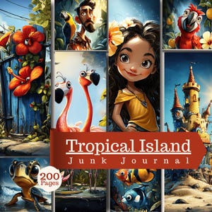 Peut inclure: Un journal de bord Tropical Island de 200 pages, présentant un collage d'illustrations incluant une personne, une fille en haut jaune, des flamants roses, une tortue, un perroquet, un château et des fleurs tropicales sur un fond de clôture en bois bleu.