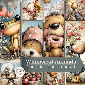 Puede incluir: Un diario de recortes titulado Whimsical Animals de 200 páginas, que presenta un collage de ilustraciones que incluyen una rana con globos de corazón, un cerdo con un girasol, un oso comiendo una rosquilla, un conejo con flores y un zorro.