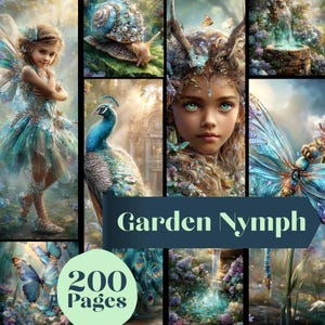 May include: A digital collage featuring a young girl in a fairy costume, a peacock, a snail, and butterflies. The text "Garden Nymph" is displayed on a banner, and a circle with the text "200 Pages" is also present. The color palette includes blues, greens, and browns.