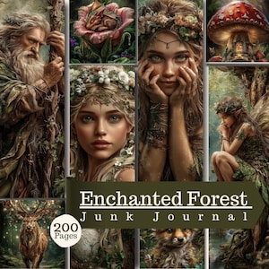 Può includere: Un collage di illustrazioni fantasy con un anziano barbuto, una creatura che dorme in un fiore, una donna con corona di fiori, una casa a fungo, un cervo e una volpe. Il testo recita Enchanted Forest Junk Journal 200 Pages.
