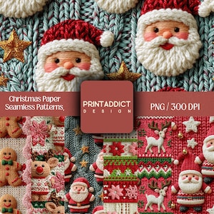 Peut inclure: Une collection de motifs numériques de Noël avec des textures tricotées, des visages de Père Noël brodés, des rennes, des bonshommes en pain d'épice et des étoiles dorées. L'image inclut le texte Christmas Paper Seamless Patterns, PRINTADDICT DESIGN, PNG / 300 DPI.