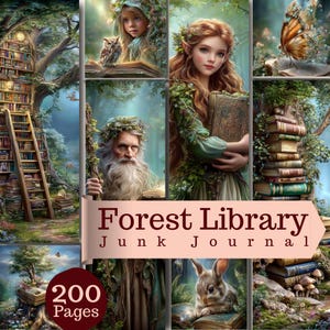 Peut inclure: Un junk journal intitulé Forest Library avec 200 pages, présentant un collage d'illustrations fantastiques incluant une bibliothèque dans un arbre, un hibou, un elfe aux longs cheveux, un homme barbu avec un bâton, un papillon et un lapin.