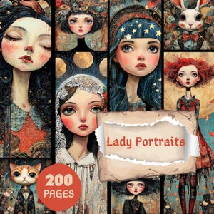Peut inclure: Un collage de portraits fantaisistes de femmes et d'un chat, avec un lapin portant un nœud papillon. Les portraits ont un style vintage, avec des couleurs douces et des détails soignés. Le texte "Lady Portraits" et "200 Pages" sont visibles.