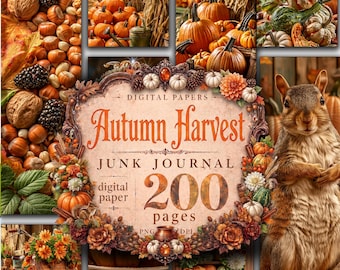 Autumn Harvest Junk Journal Digital Paper Pack Thanksgiving Fall Pumpkin Backgrounds (Digital Download)