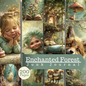 Puede incluir: Un collage de ilustraciones de fantasía que muestra a un niño con los ojos cerrados, un espíritu de pelo verde, una casa en el árbol, una seta, un zorro y un colgante de cristal. El texto dice Enchanted Forest Junk Journal y 200 Pages.