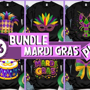 Könnte beinhalten: Sechs schwarze Sweatshirts mit Mardi-Gras-Designs. Designs umfassen einen Narrenhut, eine Maske mit Federn, einen Krebs, eine Trommel, die Worte "Mardi Gras" und eine Schleife. Das Bild enthält auch den Text "BUNDLE MARDI GRAS PNG".