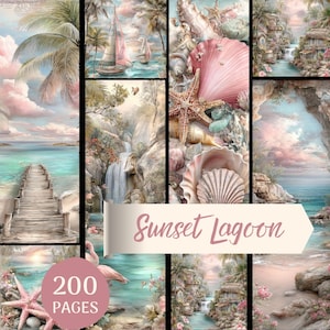 Könnte beinhalten: Eine Collage aus Aquarellillustrationen mit einer tropischen Strandszene mit Holzsteg, Segelbooten, Wasserfällen und Muscheln. Der Text "Sunset Lagoon" und "200 Pages" sind sichtbar.