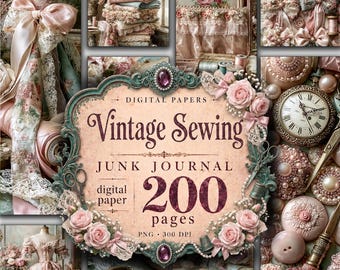 Vintage Sewing Junk Journal Shabby Chic Stitching Craft Paper PNG (Digital Download)