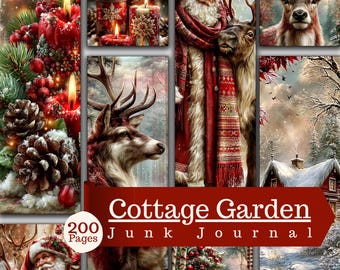 Vintage Christmas Cottage Junk Journal Pages Santa Reindeer Winter Clipart (Digital Download)