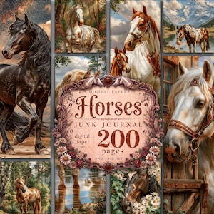 May include: A digital collection of horse-themed papers featuring various horse breeds in natural settings, including forests, mountains, and stables. The central ornate frame displays the text: Digital Papers Horses Junk Journal 200 pages PNG 300 DPI.